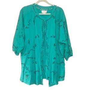 Bali Emerald Crochet Cutout Button Front Kimono Cardigan Coverup Blouse 2X